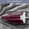 A close-up, overhead view of a purple and white steam iron resting on a wrinkled gray fabric. Voir les images du produit