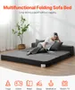 A woman is lying on a multifunctional folding sofa bed, reading a book. The sofa bed is in its unfolded state, appearing as a large mattress. Below the sofa, there are icons representing different uses of the product. Anteprima dell’immagine prodotto