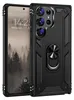 A black rugged phone case with a ring holder is shown next to a smartphone displaying a lock screen. Produktbild-Vorschau
