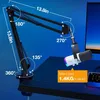 A black microphone boom arm with a microphone attached, mounted on a desk next to a computer monitor and keyboard. Produktbild-Vorschau