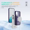 A phone case and phone are shown with a wireless charger, illustrating wireless charging capabilities. Produktbild-Vorschau