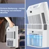 A collage of images showing a white dehumidifier, with text overlay describing its features and a person holding it. Anteprima dell’immagine prodotto