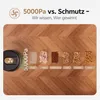 A robotic vacuum cleaner is shown on a wooden floor next to piles of dust, hair, coffee beans, cereal, pet food, and snacks, with text indicating suction power and a comparison. Produktbild-Vorschau