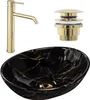 A bathroom sink set including a faucet, drain stopper, and a marble-patterned sink. Produktbild-Vorschau