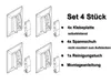 An illustration showing the components of a set of adhesive plates and clamping shoes, along with a cleaning cloth and assembly instructions. Produktbild-Vorschau