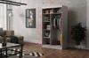 A modern wardrobe with sliding doors is shown in a living room setting, with dimensions indicated. Produktbild-Vorschau