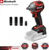 A red and black Einhell cordless impact wrench with three socket attachments and a battery base, presented with marketing badges. Produktbild-Vorschau