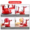A collage of four images demonstrating how to use a red apple peeler. Produktbild-Vorschau