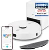 A white robot vacuum cleaner, its charging station, a smartphone displaying a map, and a mop attachment are arranged on a white background. Produktbild-Vorschau