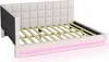 A white bed frame with a padded headboard and a slatted base, illuminated by pink LED lights. Náhľad obrázku produktu