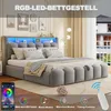 A bed with LED lighting and a remote control, showcasing its features. Produktbild-Vorschau
