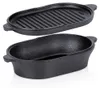 A black cast iron oval pot and its grill lid are displayed separately against a white background. Produktbild-Vorschau