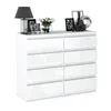 A white dresser with a modern, handle-less design, adorned with decorative items on its surface. Produktbild-Vorschau