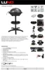 A collage of images showing an electric grill with a stand, its components, and close-ups of its features, along with product information and specifications. Produktbild-Vorschau
