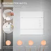 A white letterbox mounted on a textured wall, with inset images showing its features and usage. Produktbild-Vorschau