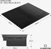 Diagrams showing the dimensions of a black induction cooktop with an integrated extractor fan. Produktbild-Vorschau