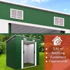 A split image showing the exterior of a green metal shed and a close-up of its features. Produktbild-Vorschau