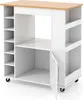 A white kitchen cart with a wooden top and shelves, shown from a slightly elevated side angle. Podgląd zdjęcia produktu