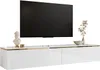 A modern white TV cabinet with a large flat-screen TV mounted above it. Produktbild-Vorschau