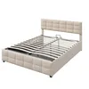 A beige upholstered bed frame with a slatted base, shown from a diagonal angle against a white background. Produktbild-Vorschau