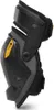 A side view of a black and gray knee pad with yellow accents. Voir les images du produit