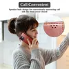 A woman is holding a red phone case to her ear, as if on a call. A close-up inset shows the speaker holes on the case. Produktbild-Vorschau