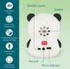 The back of a white panda-shaped Bluetooth speaker with various ports and features labeled. Produktbild-Vorschau