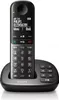 A black cordless phone and its charging base are shown against a white background. Voir les images du produit