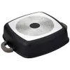 The bottom view of a square black frying pan with a silver, textured base and gray handles. Náhled obrázku produktu