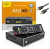 A product shot of a DigiQuest 8312 HD satellite receiver, its remote control, and packaging, along with HDMI cables. Produktbild-Vorschau