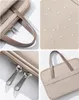 A collage of four images showing different views of a beige laptop bag. Produktbild-Vorschau