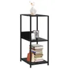 A black three-shelf bookcase with books and picture frames. Produktbild-Vorschau