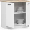 A white kitchen cabinet with a wood-effect countertop and open doors, revealing stacks of plates on shelves. Náhľad obrázku produktu