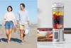 A split image showing a couple walking on a beach and a portable blender filled with fruit. Podgląd zdjęcia produktu