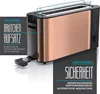 A product shot of a copper toaster with marketing overlays highlighting features. Náhľad obrázku produktu