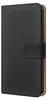 A black flip-style phone case is shown closed, with the cover flap secured by a magnetic clasp. The case is positioned at an angle, revealing the side edge and a hint of the inner lining. Produktbild-Vorschau