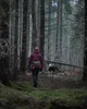 A person and a dog walking in a forest. Produktbild-Vorschau