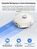 A white robot vacuum cleaner is shown on a light gray background, with blue lines indicating its cleaning path and icons representing its features. Below the robot, there are three circular icons with text describing its capacity and features. Produktbild-Vorschau