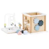 A wooden activity cube and a bead maze toy are displayed on a white background. Produktbild-Vorschau