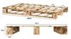 Two views of a wooden pallet bed frame with dimensions indicated. Produktbild-Vorschau