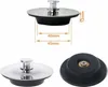A collage of three images showing a drain stopper from different angles, with dimensions indicated. Produktbild-Vorschau