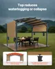 A patio gazebo set up with a table and chairs in a backyard during a rain shower, with inset images highlighting structural features. Náhled obrázku produktu