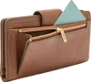 A close-up view of a brown leather wallet with a light blue card sticking out of a zippered pocket. Produktbild-Vorschau