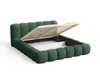 A green upholstered bed frame with the mattress support slats lifted to reveal storage space underneath, shown against a white background. Voir les images du produit