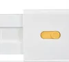 A close-up shot of a white drawer divider with a yellow toggle switch on it. The divider has a ribbed texture on the left side. Produktbild-Vorschau