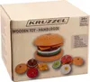 The image shows the front of a cardboard box for a wooden toy hamburger. Náhľad obrázku produktu