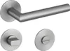 A set of door hardware including a lever handle, a privacy lock mechanism, and a screw-on plate, all made of brushed metal. Produktbild-Vorschau