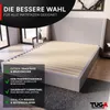 A bed frame with a slatted base, shown in a bedroom setting with promotional text overlays. Produktbild-Vorschau