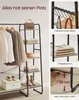 A multi-panel image showcasing a clothing rack and shelving unit with various clothing items, accessories, and storage boxes. The right side of the image features close-ups of the product's features, including hooks, shelves, and storage space. Produktbild-Vorschau