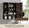 A bathroom cabinet with various items on its shelves, including decorative objects, bottles, and towels. The cabinet is open, revealing its interior and adjustable shelves. A window with greenery is visible in the background. Náhled obrázku produktu